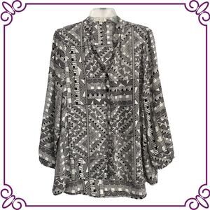 Spense Black & White Geometric Button Front Long Sleeve Blouse Tunic Medium